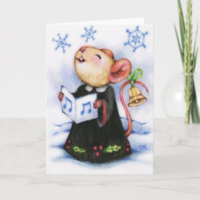 Christmas Caroling Mouse Singing Holiday Cute Card (Front)