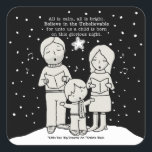 Christmas Caroling Square Sticker<br><div class="desc">Little Boy stands front and centre of his parents as he and they sing Christmas carols. Mum and dad each hold their booklets while Little Boy, with his arms flailed out, sings with all his might. Snow falls around them and a single star shines upon them on this glorious night....</div>