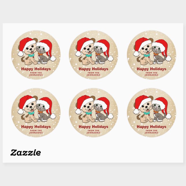 Christmas Cartoon Cat Dog Classic Round Sticker (Sheet)