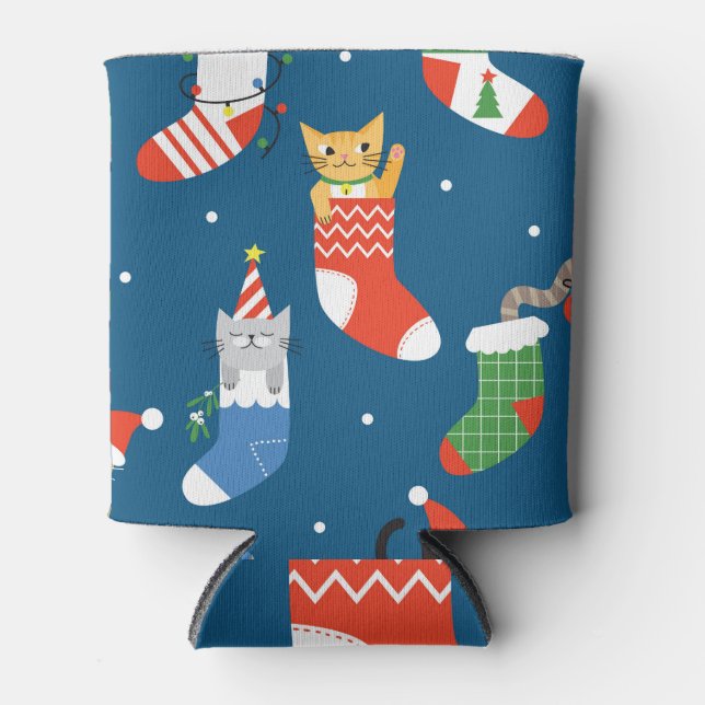 Christmas Cartoon Cats Cute Pattern Can Cooler (Front)
