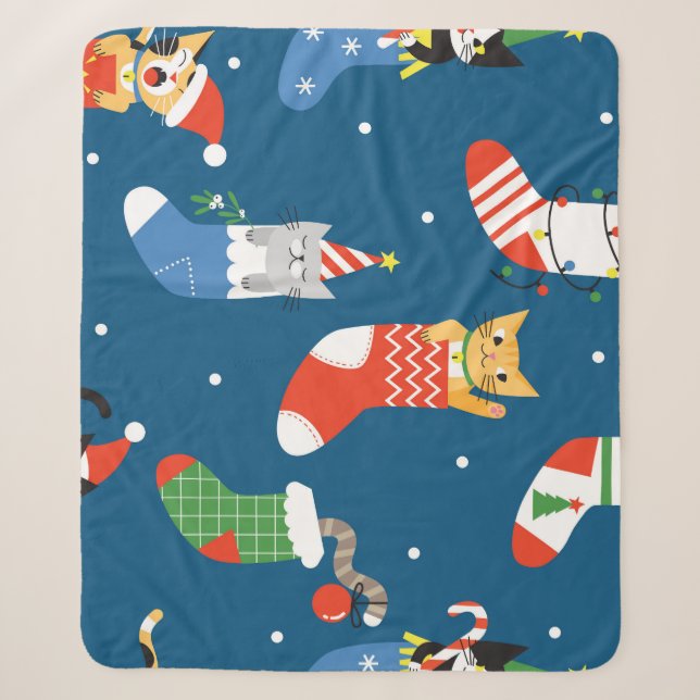 Christmas Cartoon Cats Cute Pattern Sherpa Blanket (Front)