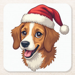 Christmas Cartoon Dog in Santa Hat Square Paper Coaster