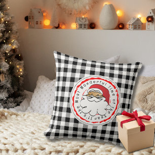 Christmas Cartoon Ethnic Santa Black White Plaid Cushion