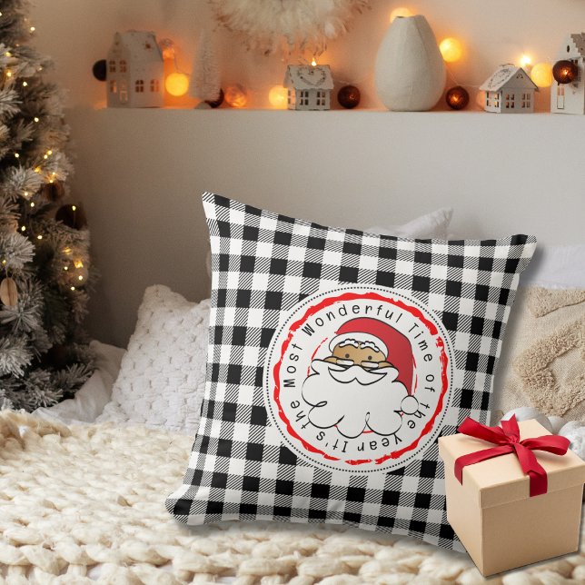 Christmas Cartoon Ethnic Santa Black White Plaid Cushion (Creator Uploaded)