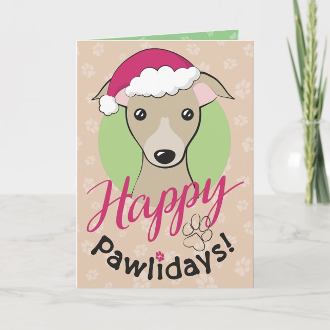 Christmas Cartoon fawn Iggy Dog Happy pawlidays Holiday Card (Front)