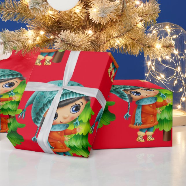 Christmas Cartoon Girl with Tree Wrapping Paper (Holidays)