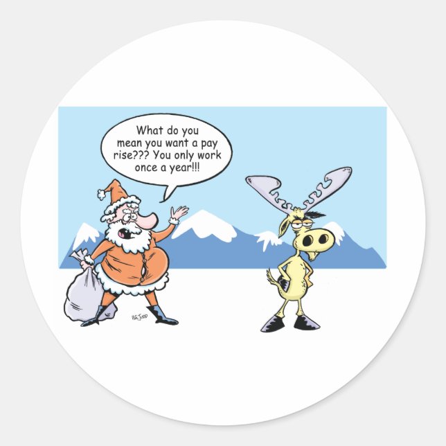 Christmas Cartoon  Santa and the striking Reindeer Classic Round Sticker (Front)