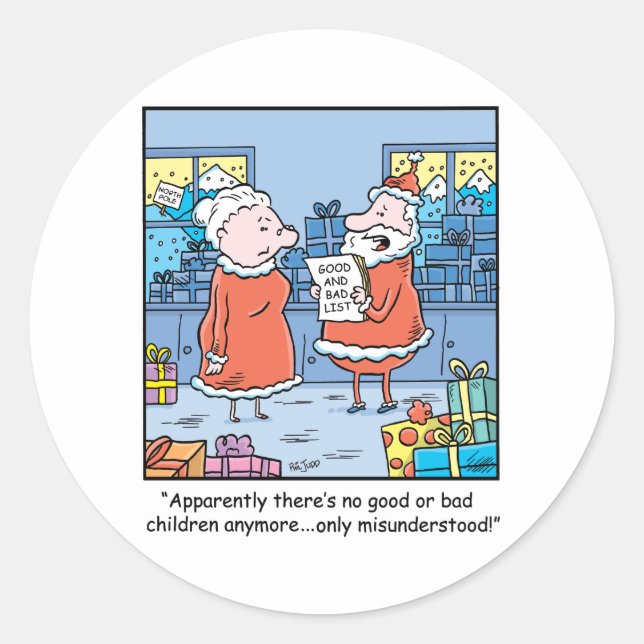 Christmas Cartoon Santas Good and Bad List Classic Round Sticker (Front)