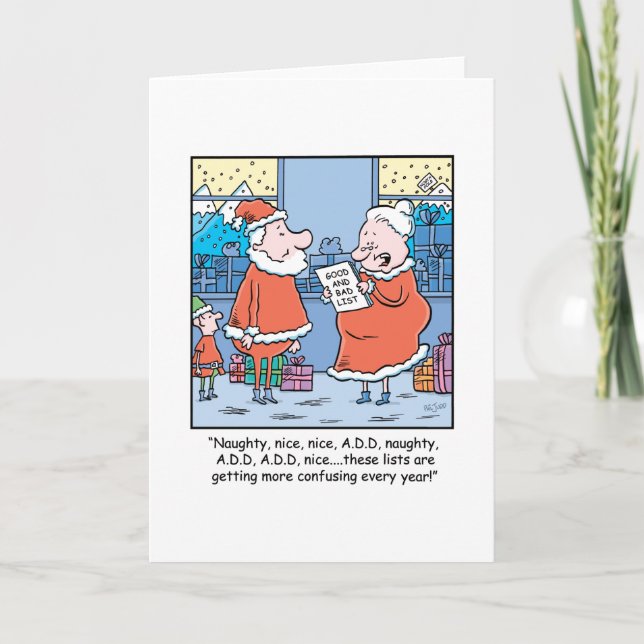 Christmas Cartoon Santa's Good and Bad list. Holiday Card (Front)