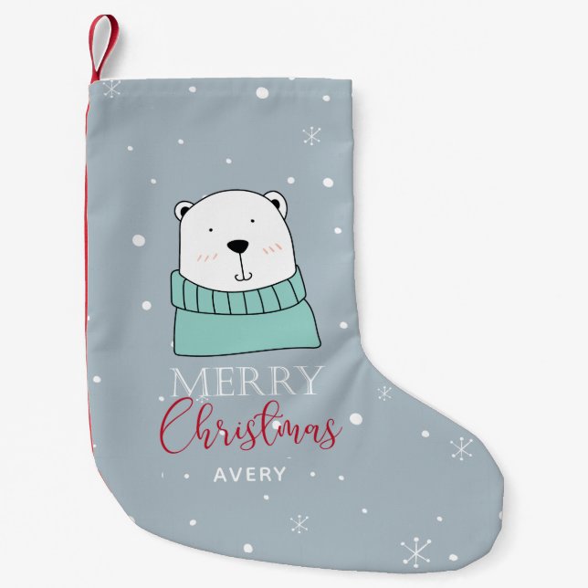 Christmas Cartoon style Bear Personalised Small Christmas Stocking (Front)
