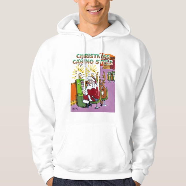 Christmas Casino Style white hooded sweatshirt (Front)