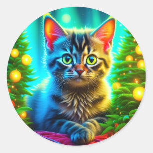 Christmas Cat and Christmas Tree Lights Classic Round Sticker