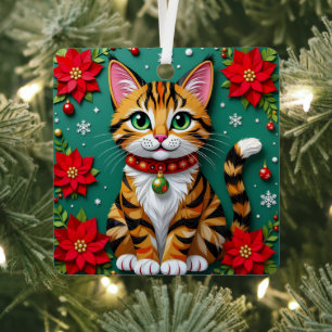 Christmas Cat and Poinsettias Festive Christmas Metal Tree Decoration