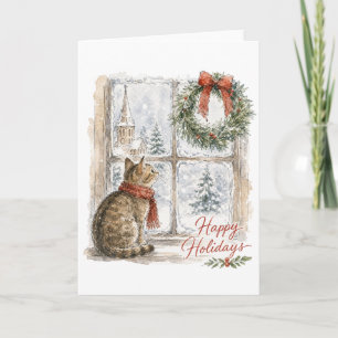 Christmas Cat at Window with Wreath Card