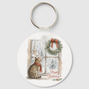 Christmas Cat at Window with Wreath Key Ring