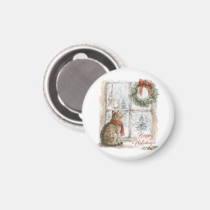 Christmas Cat at Window with Wreath Magnet