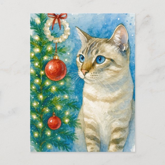 Christmas Cat by the Tree Postcard (Front)