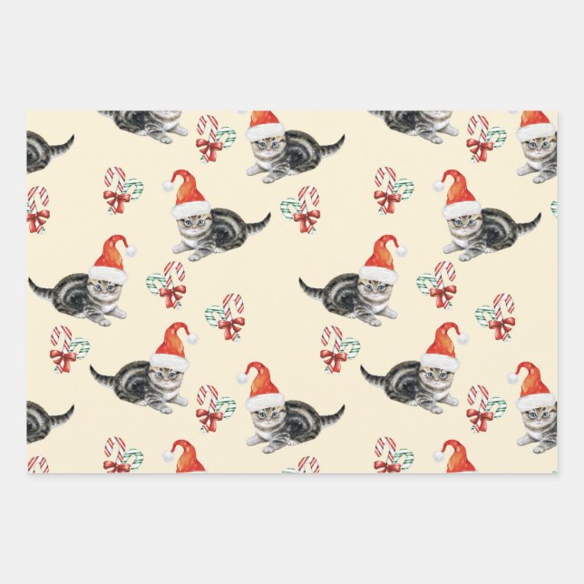 Christmas Cat & Candy Cane, Men Women & Kids Wrapping Paper Sheet (Front)