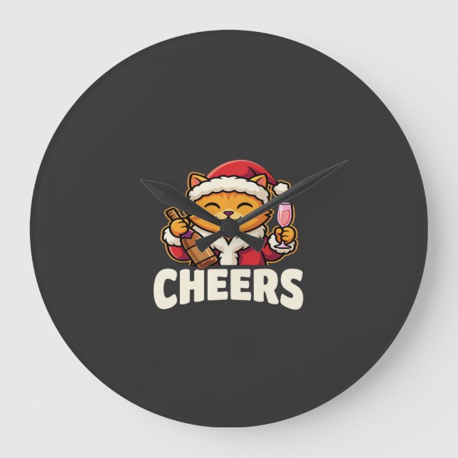 Christmas Cat Cheers Holiday Drinking Large Clock (Front)