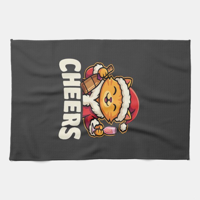 Christmas Cat Cheers Holiday Drinking Tea Towel (Horizontal)