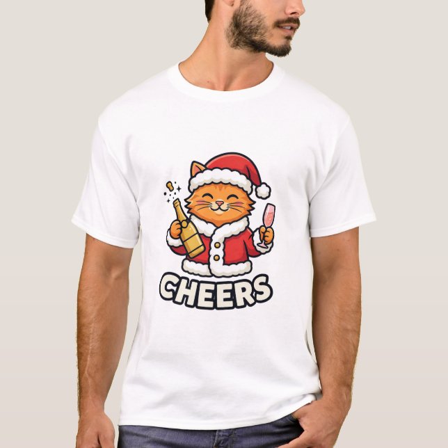 Christmas Cat Cheers Vector Design T-Shirt (Front)