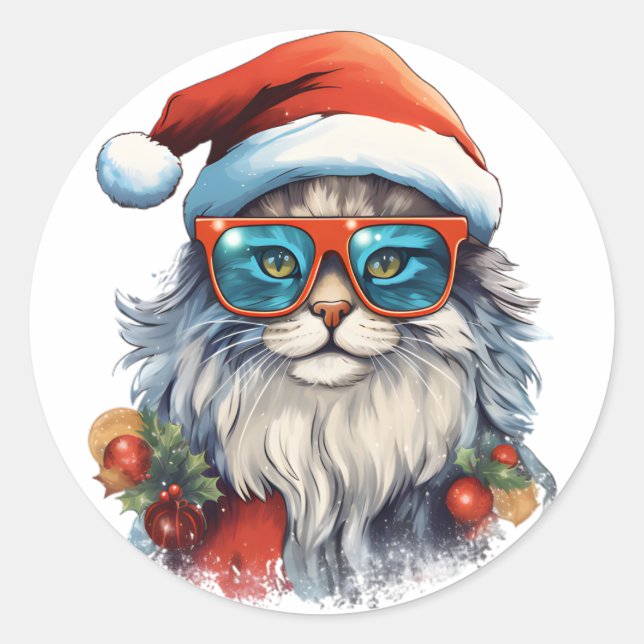 Christmas Cat Classic Round Sticker (Front)