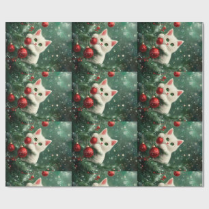 Christmas Cat Climbing Xmas Tree Wrapping Paper