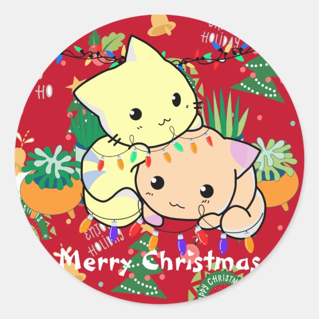 christmas cat cute, customise personalised text  classic round sticker (Front)