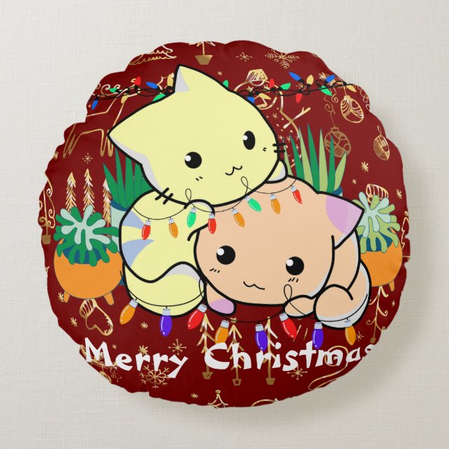 christmas cat cute, customise personalised text   round cushion (Front)
