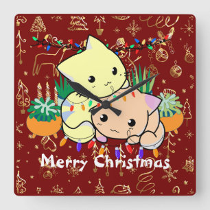 christmas cat cute, customise personalised text square wall clock