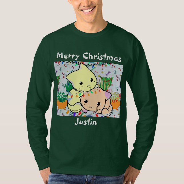 christmas cat cute, customise personalised text   T-Shirt (Front)