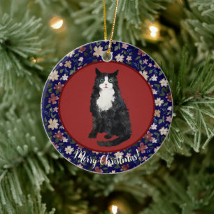 Christmas cat floral ceramic tree decoration
