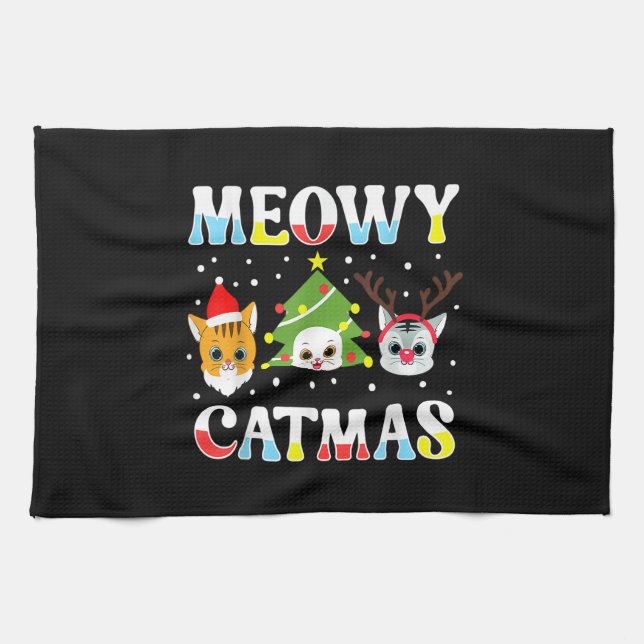 Christmas Cat Funny Xmas Cats Meowy Catmas Tea Towel (Horizontal)