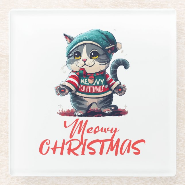 Christmas Cat  Glass Coaster (Front)