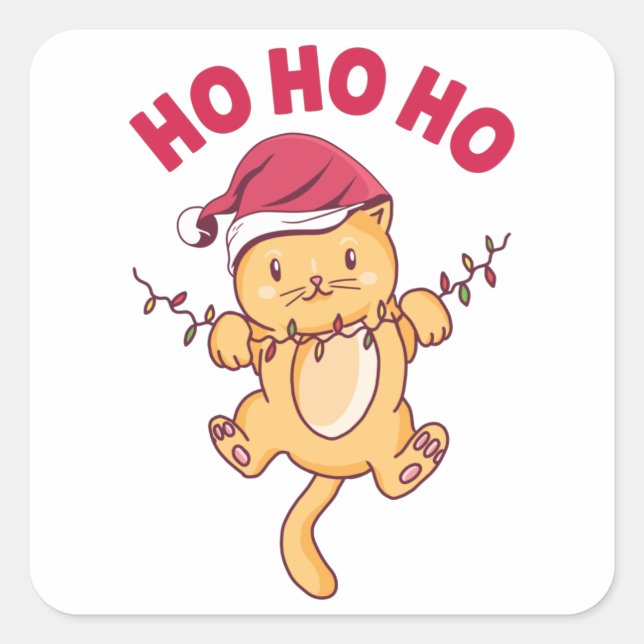 Christmas Cat Ho Ho Ho Square Sticker (Front)