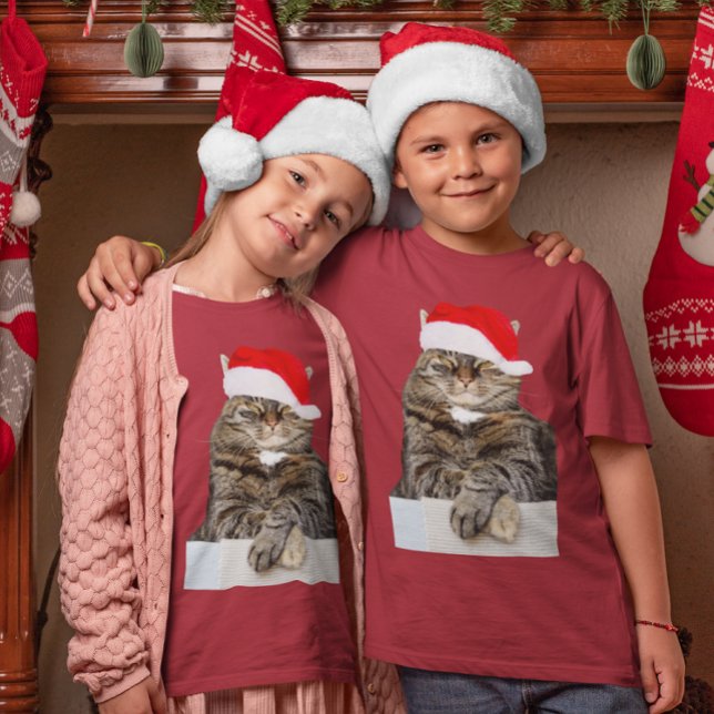 Christmas Cat Humbug Photo with Santa Hat T-Shirt (Christmas Cat Humbug Photo & Santa Hat Kids T-Shirt)