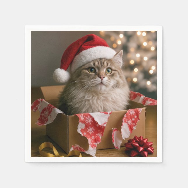 Christmas Cat in a Box Napkin (Front)