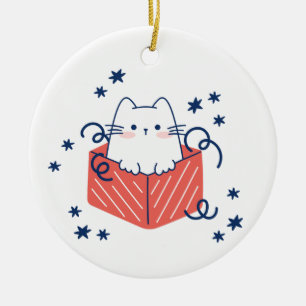 Christmas Cat in a Box with Snowflakes  Ceramic Tree Decoration