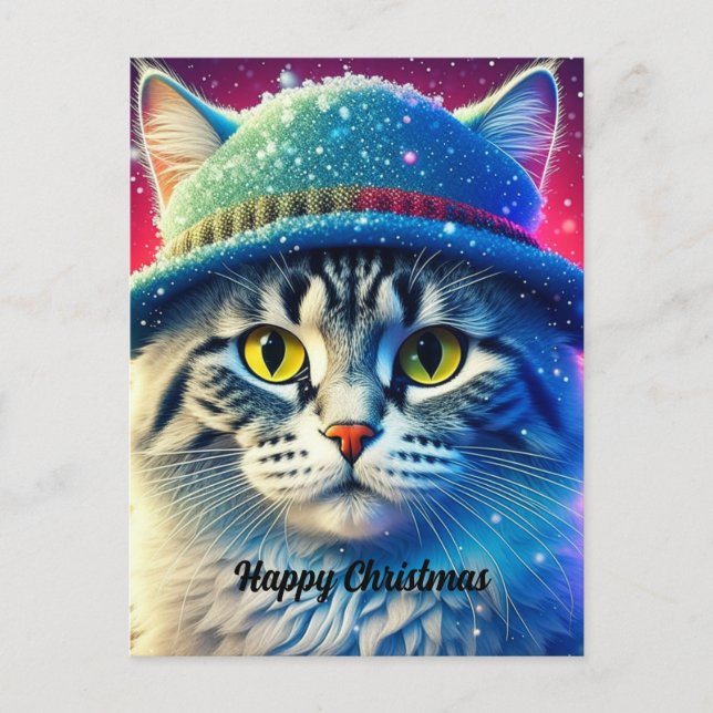 Christmas Cat in a Hat - editable name Holiday Postcard (Front)