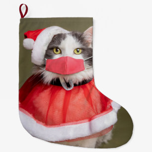 Christmas Cat in Face Mask Large Christmas Stocking