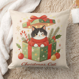 Christmas Cat in Gift Box Holiday Cushion