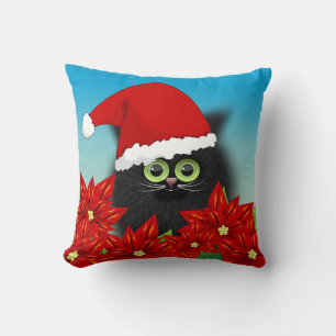 Christmas Cat in Santa Hat Amid Poinsettia Cushion