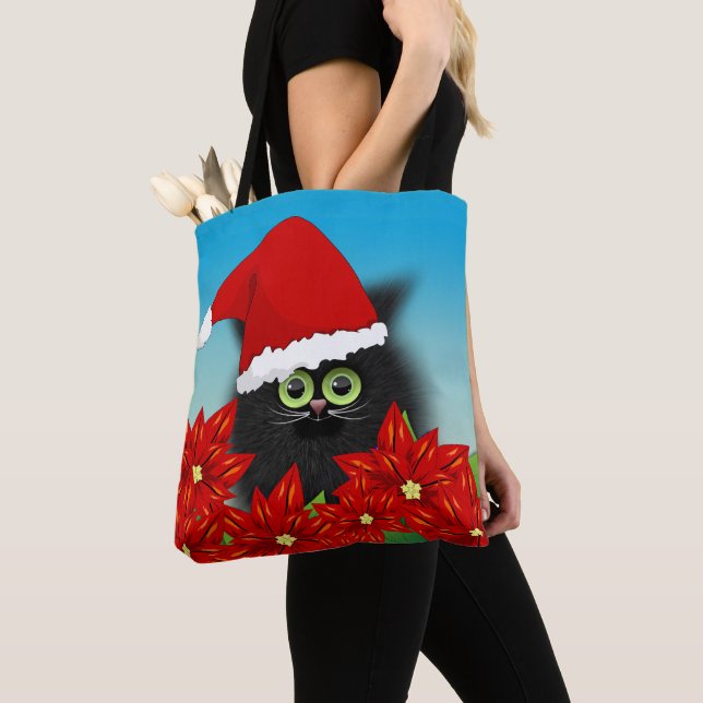 Christmas Cat in Santa Hat Amid Poinsettia Tote Bag (Close Up)