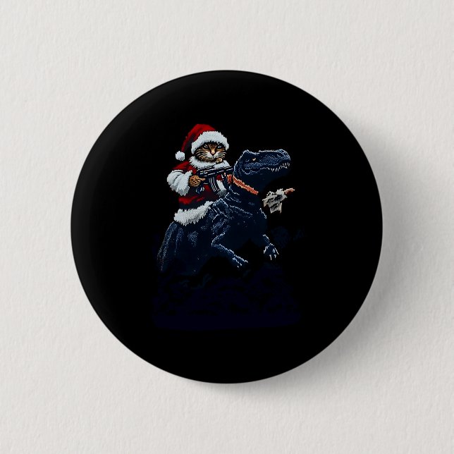 Christmas Cat In Santa Hat Holding A Gun And Dinos 6 Cm Round Badge (Front)