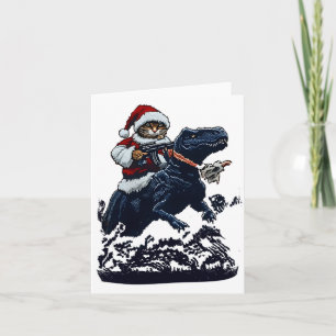 Christmas Cat In Santa Hat Holding A Gun And Dinos Card
