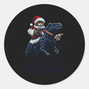 Christmas Cat In Santa Hat Holding A Gun And Dinos Classic Round Sticker
