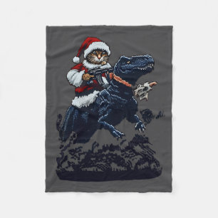 Christmas Cat In Santa Hat Holding A Gun And Dinos Fleece Blanket