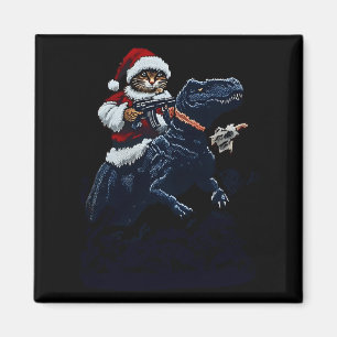 Christmas Cat In Santa Hat Holding A Gun And Dinos Magnet