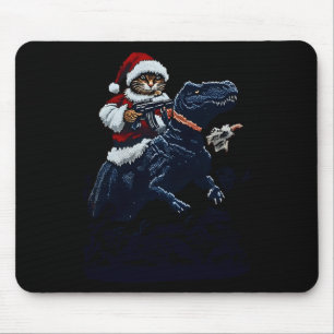 Christmas Cat In Santa Hat Holding A Gun And Dinos Mouse Pad