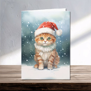 Christmas Cat in Santa Hat in Winter Family Card